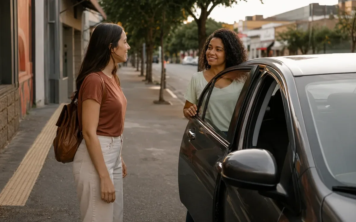 Passageira conversando com motorista ao lado de um veículo