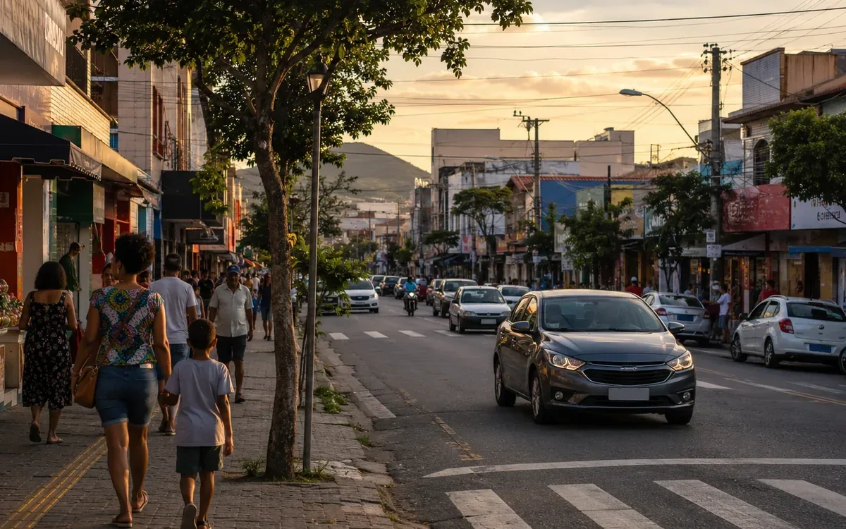 Movimento de pessoas e veículos em uma rua comercial